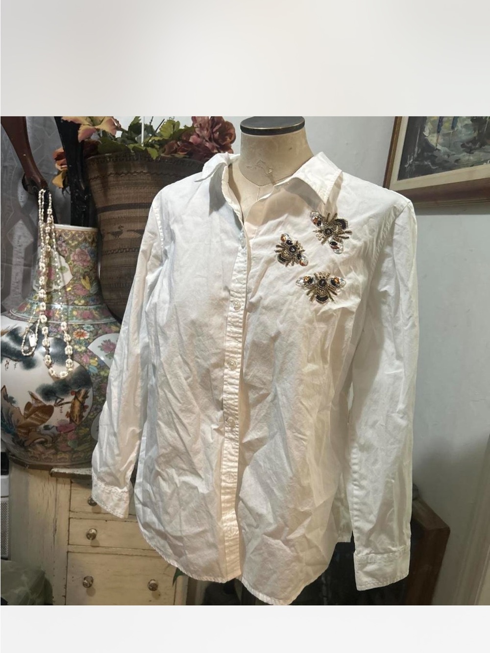 Embellished White Button-Up Blouse